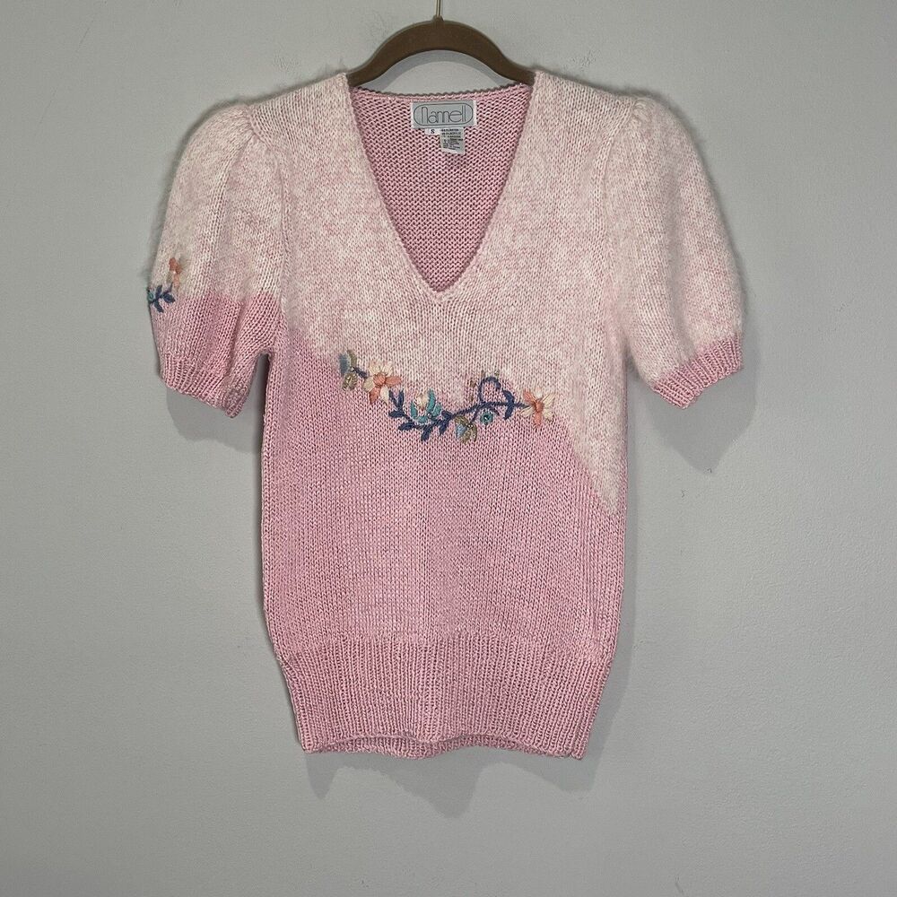 Nannell Sweater Women’s Small Pink Floral Embroidered‎ Puff Sleeve Beaded Angora